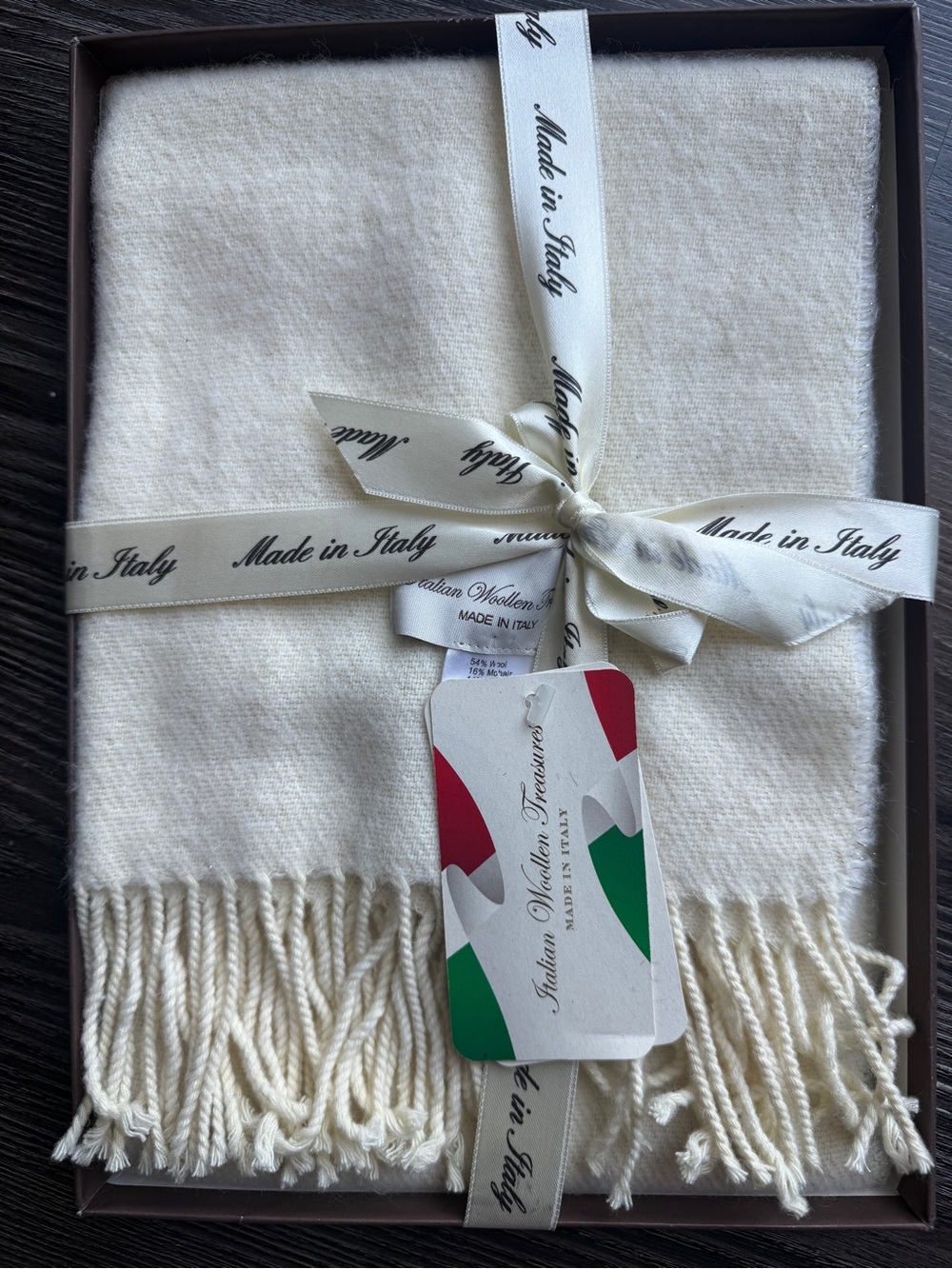 NWTS Made in Italy Cream Fringe Wool Scarf - Luxury Wrap 18 x 79.